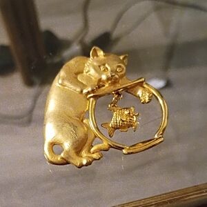 Gold Cat Brooch with Fish Design